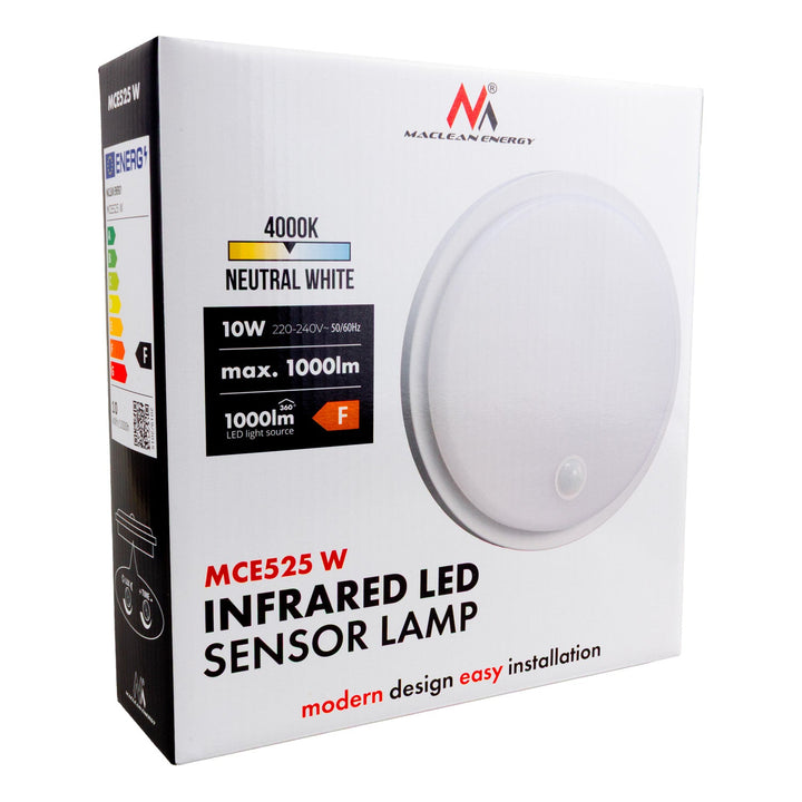 LED лампа Maclean с датчик за движение, PIR сензор, бял цвят, 10W, IP65, 1000lm, неутрален цвят, MCE525 W