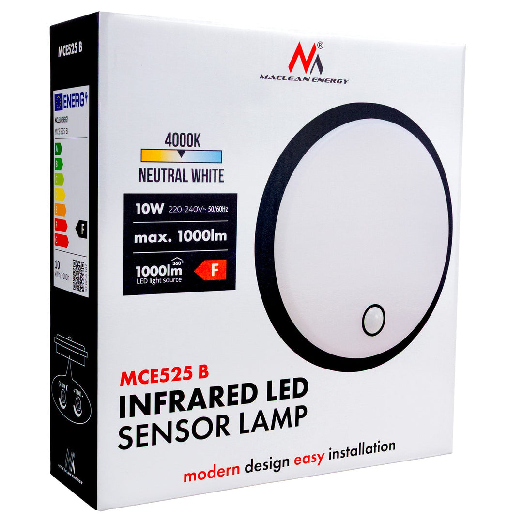 LED лампа Maclean с датчик за движение, PIR сензор, черна, 10W, IP65, 1000lm, неутрален цвят, MCE525 B