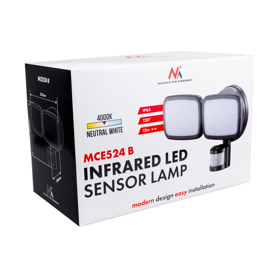 LED стенна лампа Maclean, с PIR сензор, 20W, 1500lm, IP65, неутрално бяло 4000K, черно, MCE524 B