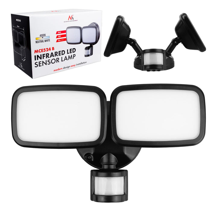 LED стенна лампа Maclean, с PIR сензор, 20W, 1500lm, IP65, неутрално бяло 4000K, черно, MCE524 B