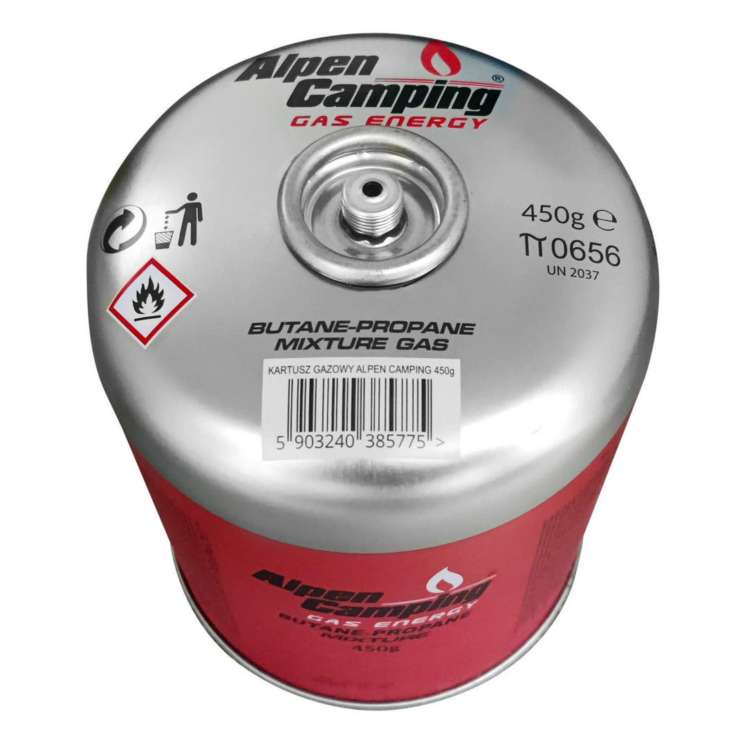 Газова бутилка Alpen Camping 450 g. Сертификат: Pi 0437, съответстващ на EN417, пропан-бутан, диапазон от -10 °C до +40 °C, 7/16" резба на вентила IK020.