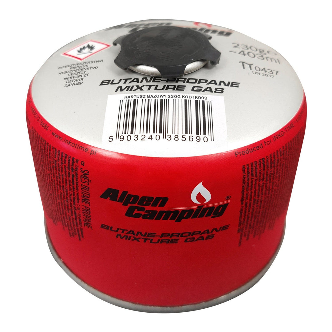 Газова бутилка Alpen Camping 230 g. Сертификат: Pi 0656, съответстващ на EN417, пропан-бутан, диапазон от -10 °C до +40 °C, 7/16" резба на вентила IK009.
