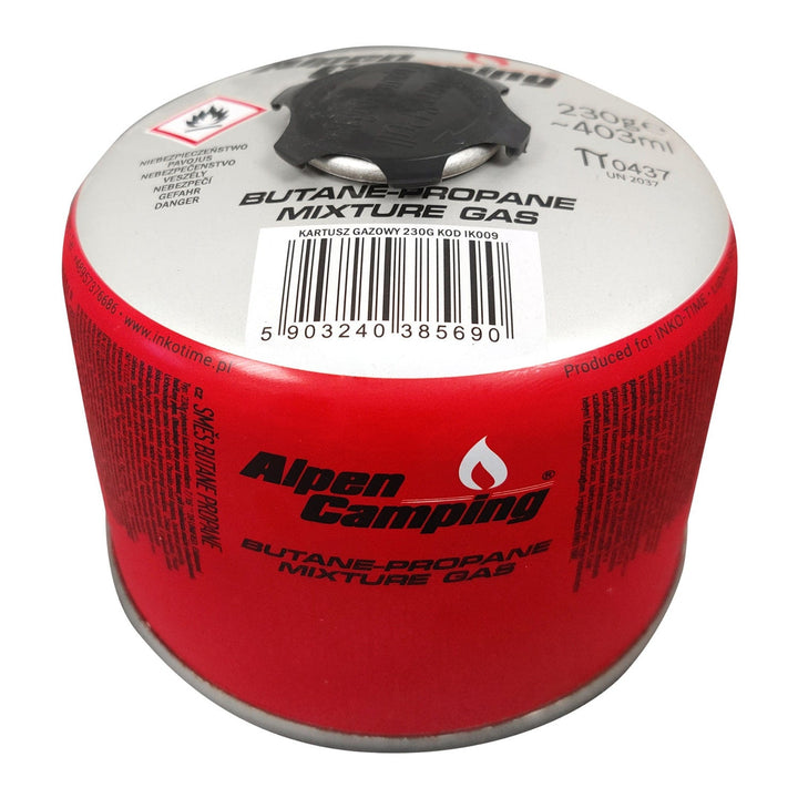 Газова бутилка Alpen Camping 230 g. Сертификат: Pi 0656, съответстващ на EN417, пропан-бутан, диапазон от -10 °C до +40 °C, 7/16" резба на вентила IK009.
