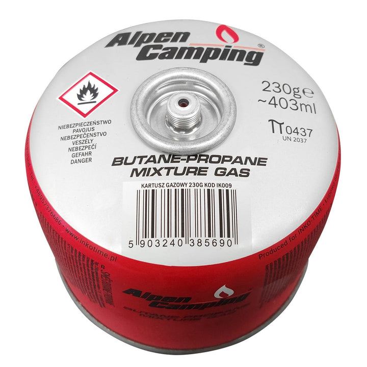 Газова бутилка Alpen Camping 230 g. Сертификат: Pi 0656, съответстващ на EN417, пропан-бутан, диапазон от -10 °C до +40 °C, 7/16" резба на вентила IK009.