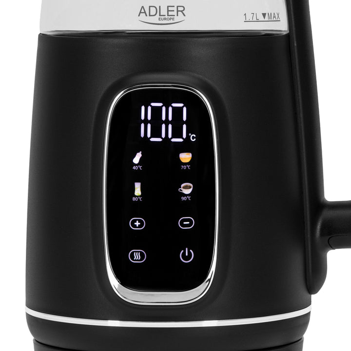 Електрическа кана Adler 1,7 л, стъклена, черна и сребриста, регулиране на температурата, LED дисплей, AD 1305 bs