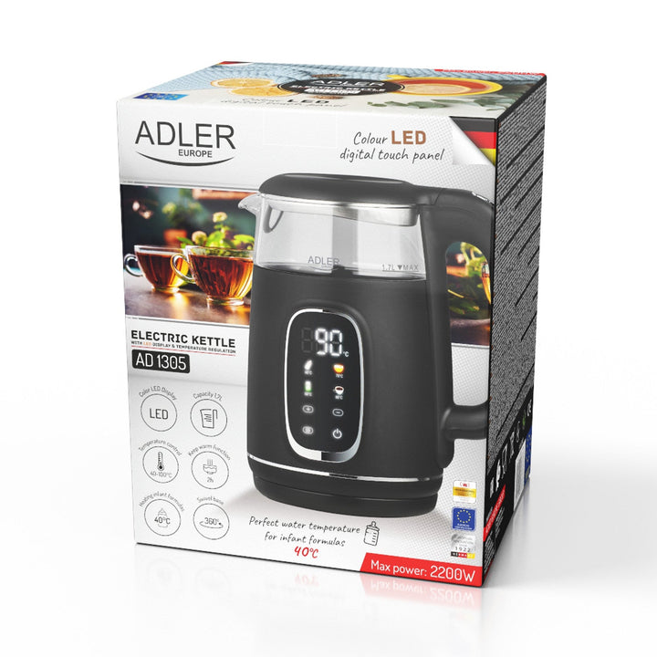 Електрическа кана Adler 1,7 л, стъклена, черна и сребриста, регулиране на температурата, LED дисплей, AD 1305 bs