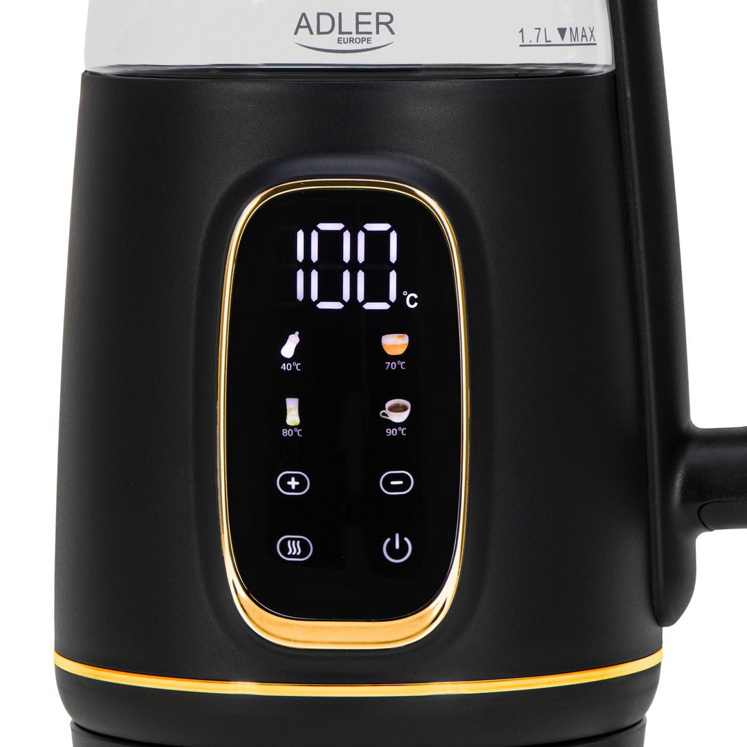 Електрическа кана Adler 1,7 л, стъклена, черно-златна, с регулиране на температурата, LED дисплей, AD 1305 bg