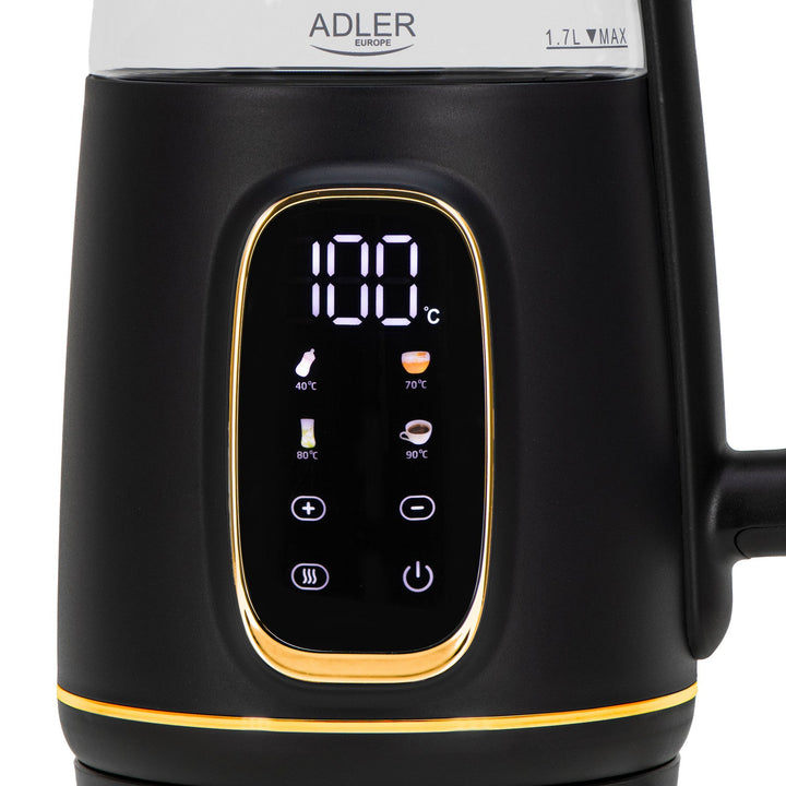 Електрическа кана Adler 1,7 л, стъклена, черно-златна, с регулиране на температурата, LED дисплей, AD 1305 bg