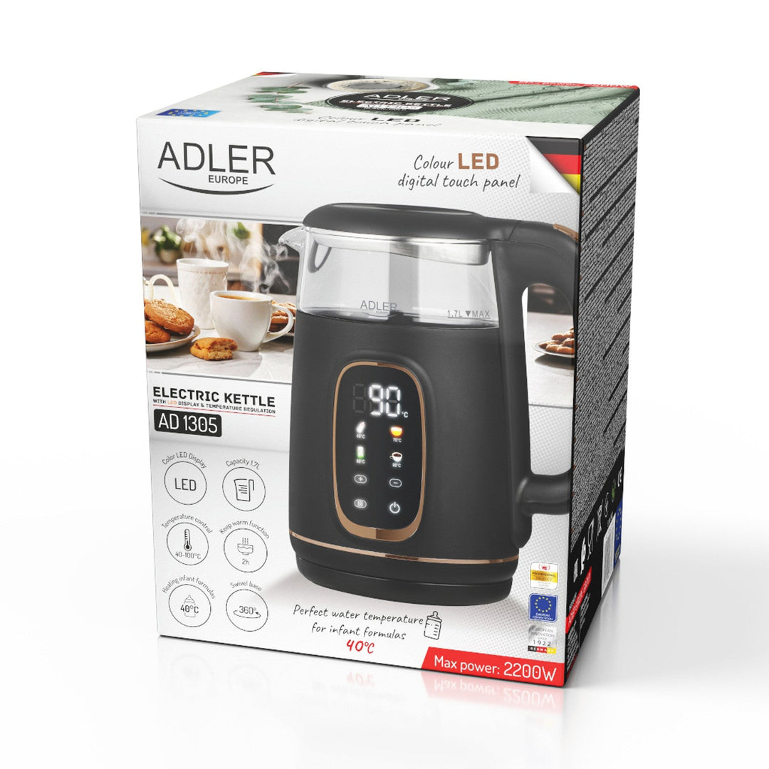 Електрическа кана Adler 1,7 л, стъклена, черно-златна, с регулиране на температурата, LED дисплей, AD 1305 bg