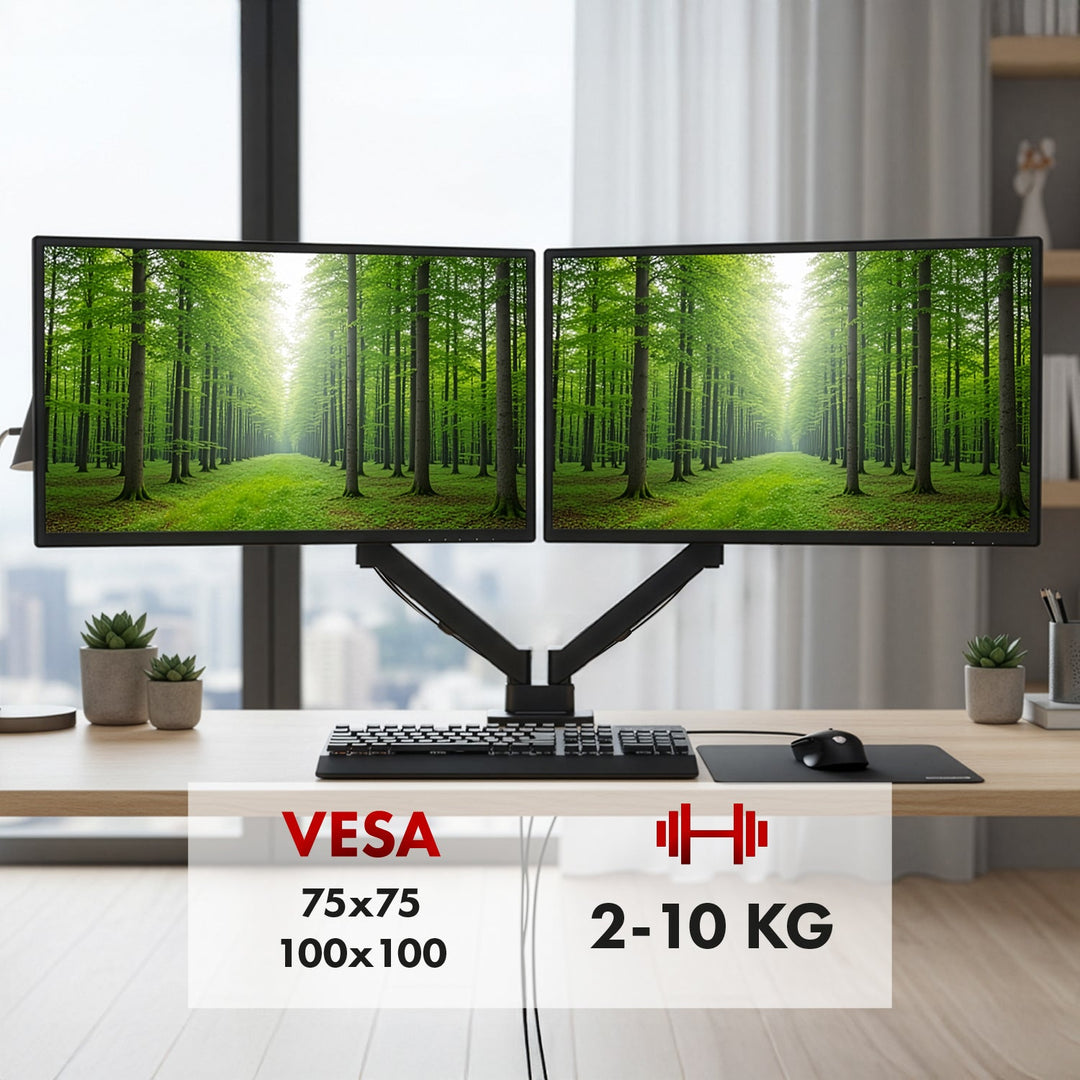 Маклин двойна стойка за монитор, газова пружина, 17"-32", 2-10 кг, черна, MC-134