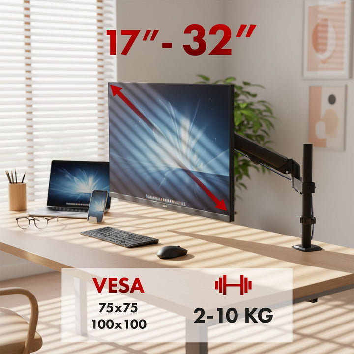 Монтаж за монитор Maclean, газова пружина, 17"-32", 2-10 кг, черен, MC-135