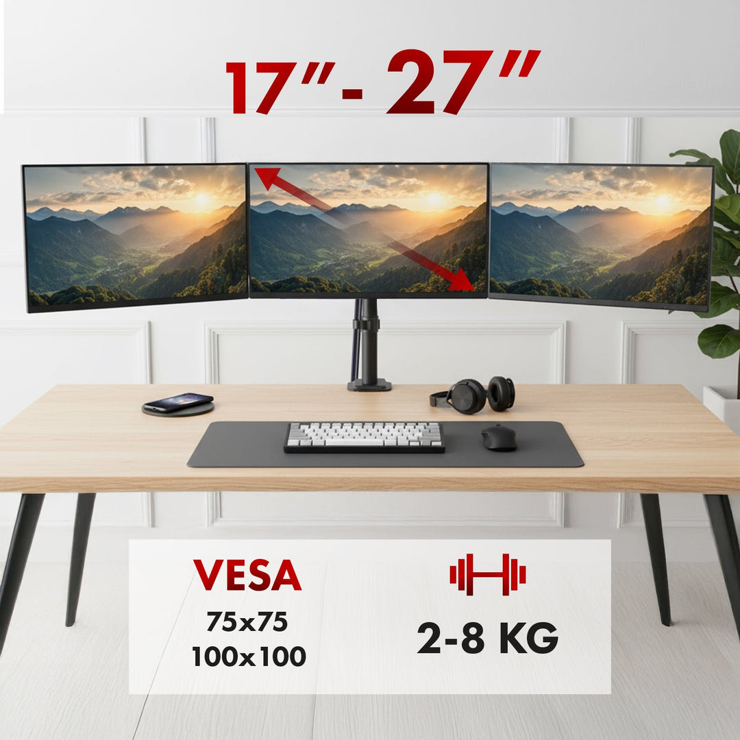 Маклин 3-мониторна стойка, газова пружина, 17"-27", 2-8 кг, черна, MC-137