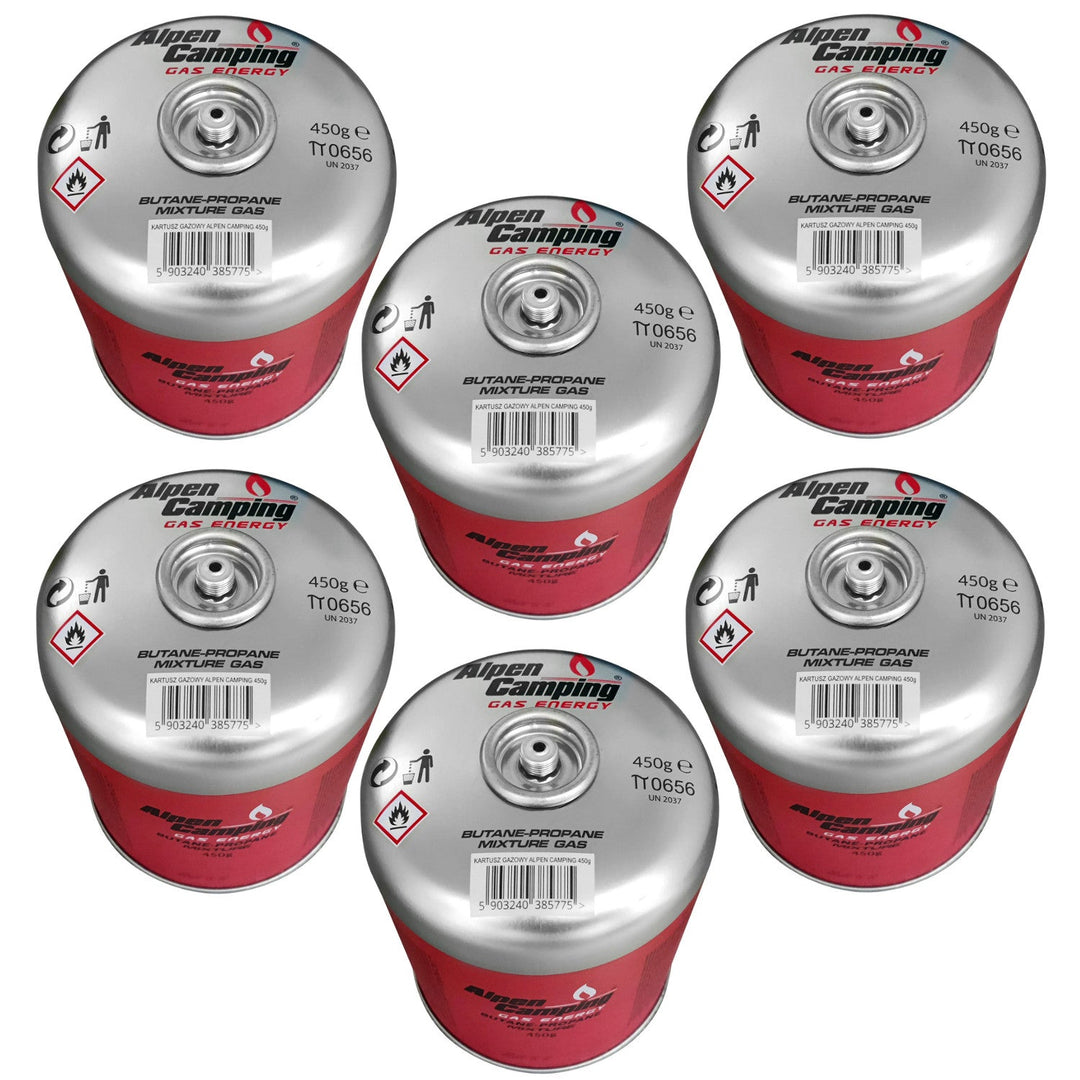Cartuș de gaz 450g Alpen Camping. Certificat: Pi 0437, în conformitate cu EN417, propan-butan, interval -10°c până la + 40°c, supapă filetată 7/16" IK020, 6 bucăți