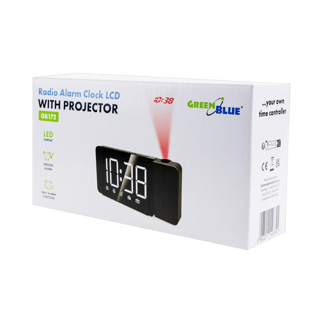 Цифров LED часовник с радио, GreenBlue проектор, FM радио, аларма, 12/24 часовник, 5V DC USB захранване + CR2032, GB172