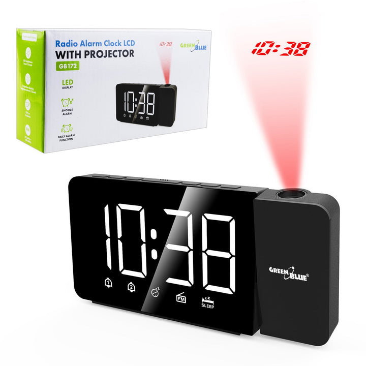Цифров LED часовник с радио, GreenBlue проектор, FM радио, аларма, 12/24 часовник, 5V DC USB захранване + CR2032, GB172