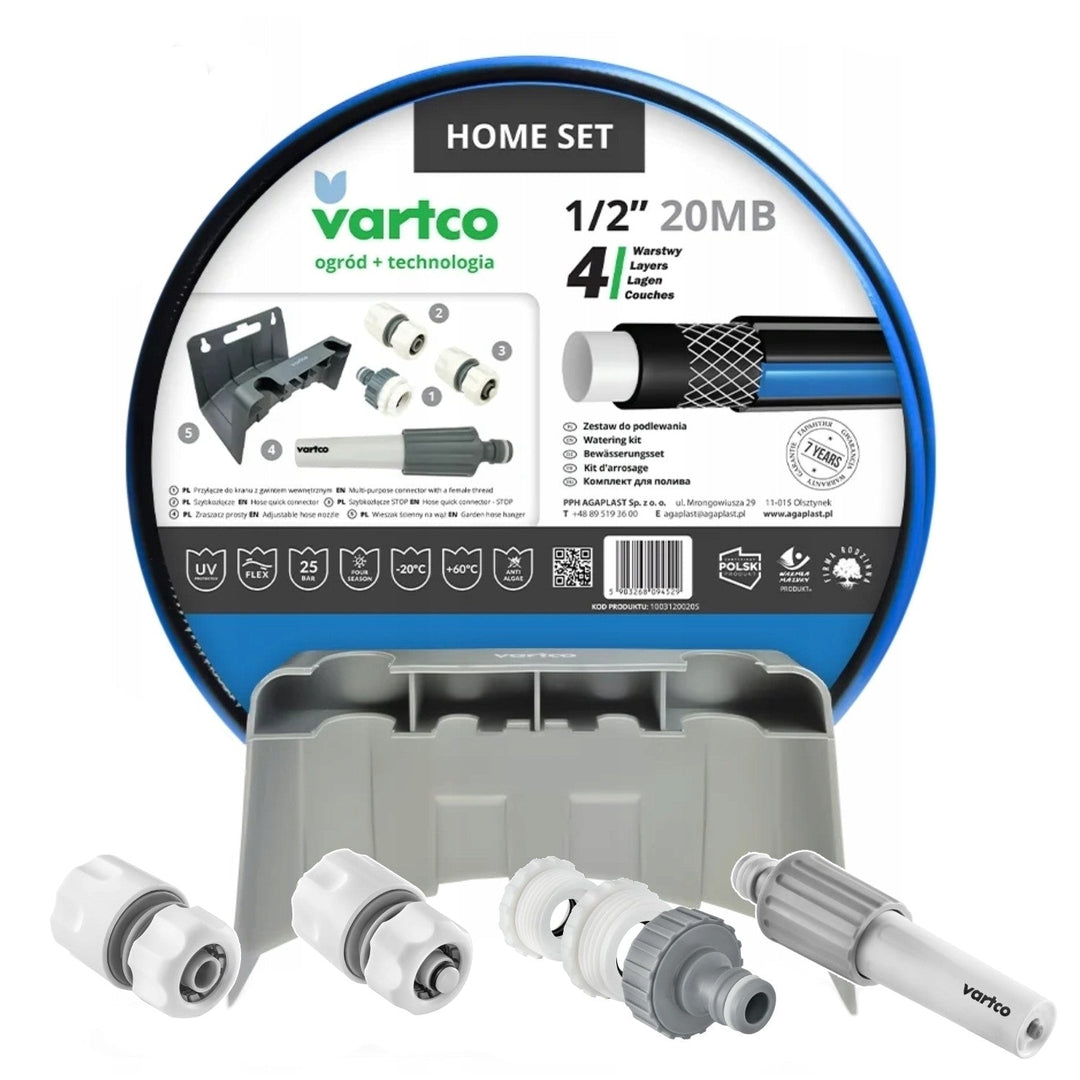 Градински комплект Vartco, маркуч 1/2'' 20 м, бързосъединителен спирателен и преходен конектор, конектор за кран, пръскачка, стенна закачалка, комплект за дома