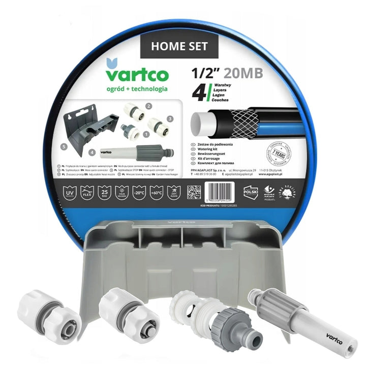 Градински комплект Vartco, маркуч 1/2'' 20 м, бързосъединителен спирателен и преходен конектор, конектор за кран, пръскачка, стенна закачалка, комплект за дома