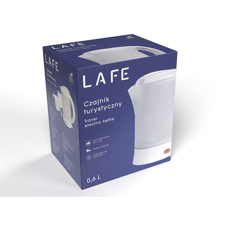 Електрическа кана Lafe, за пътуване, 600 W, капацитет 0,6 л, 2 чаши, 2 чаени лъжички, бяла, Scandi