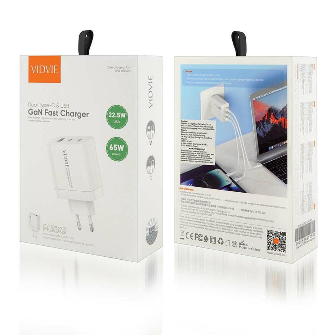VIDVIE зарядно устройство за мрежа, 3A, 65W, 2x USB-C, 1x USB, USB-C/iPhone кабел, PLE262