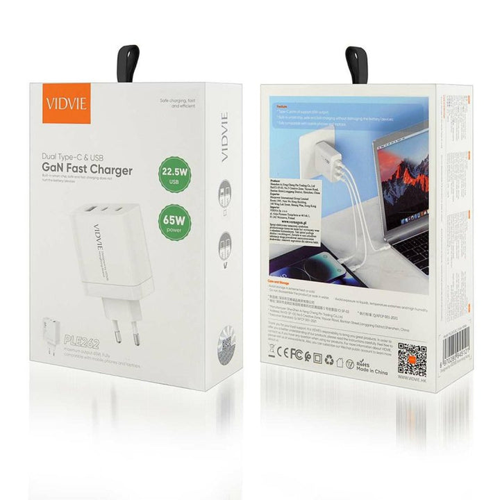 VIDVIE зарядно устройство за мрежа, 3A, 65W, 2x USB-C, 1x USB, кабел USB-C/USB-C, PLE262