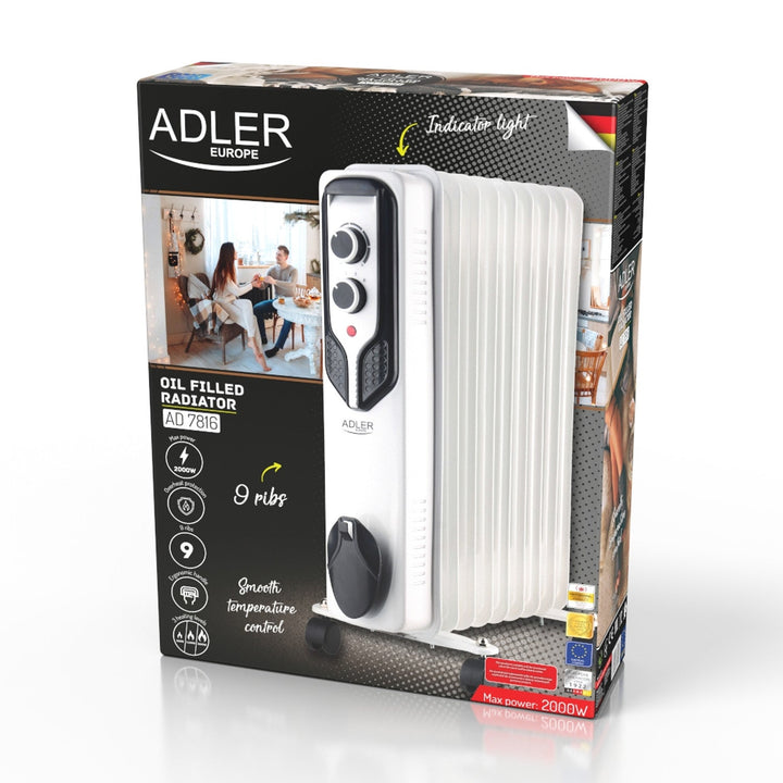 Маслен радиатор Adler, 9 ребра, мощност 2000 W, 3 нива на отопление, бял, AD 7816