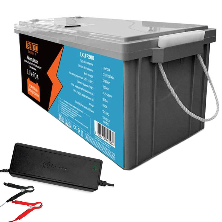 Lexton LiFePo4 литиево-железен фосфатен акумулатор, със система BMS, 12,8 V, 200 Ah, LXLFP200 + LTC Energy LiFePO4 зарядно устройство за акумулатори