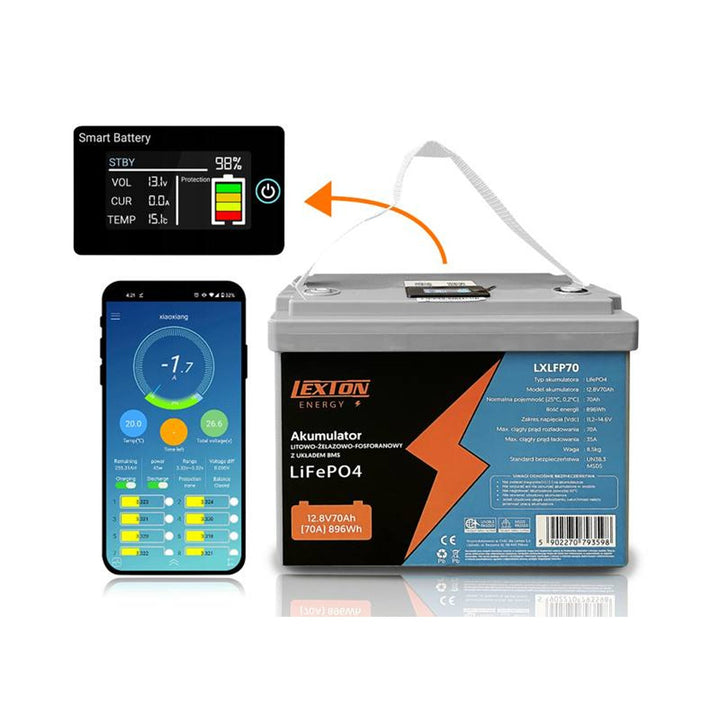 Lexton LiFePo4 литиево-железен фосфатен акумулатор, със система BMS, 12,8 V, 70 Ah, LXLFP70 + LTC Energy LiFePO4 зарядно устройство за акумулатори