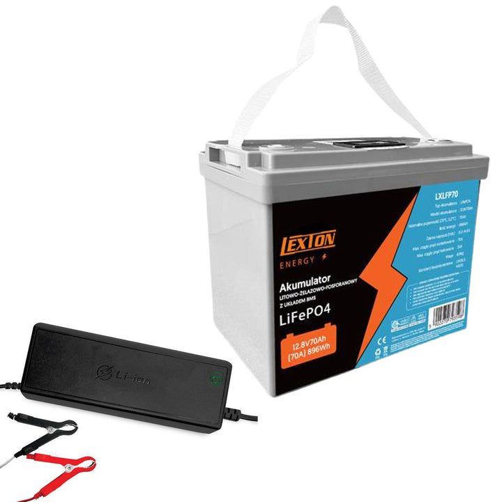 Lexton LiFePo4 литиево-железен фосфатен акумулатор, със система BMS, 12,8 V, 70 Ah, LXLFP70 + LTC Energy LiFePO4 зарядно устройство за акумулатори
