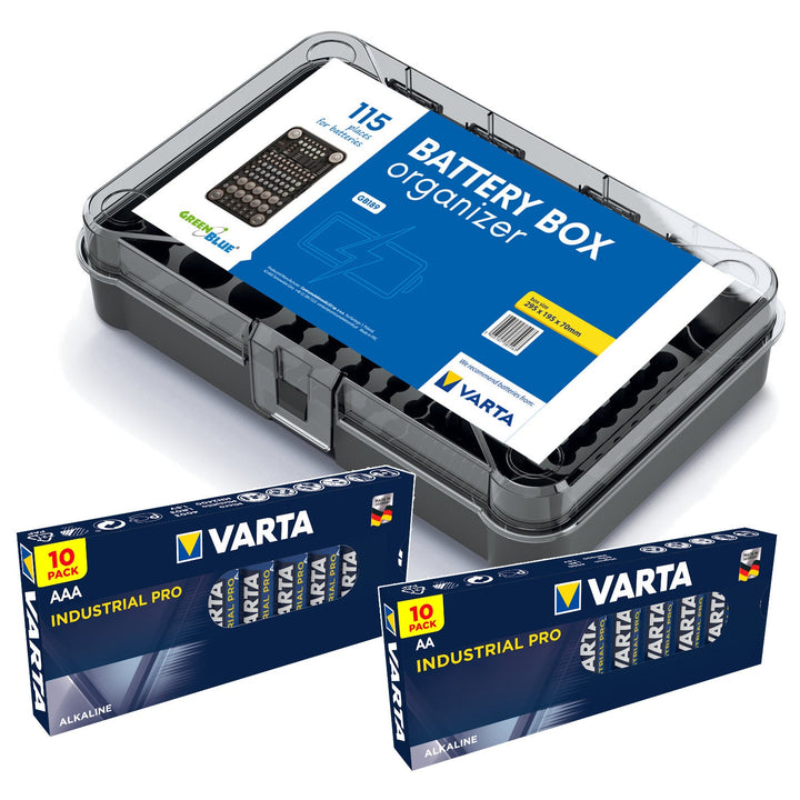 Органайзер за батерии GreenBlue Varta Box GB189 + 10x батерии AA и 10x батерии AAA Varta Industrial