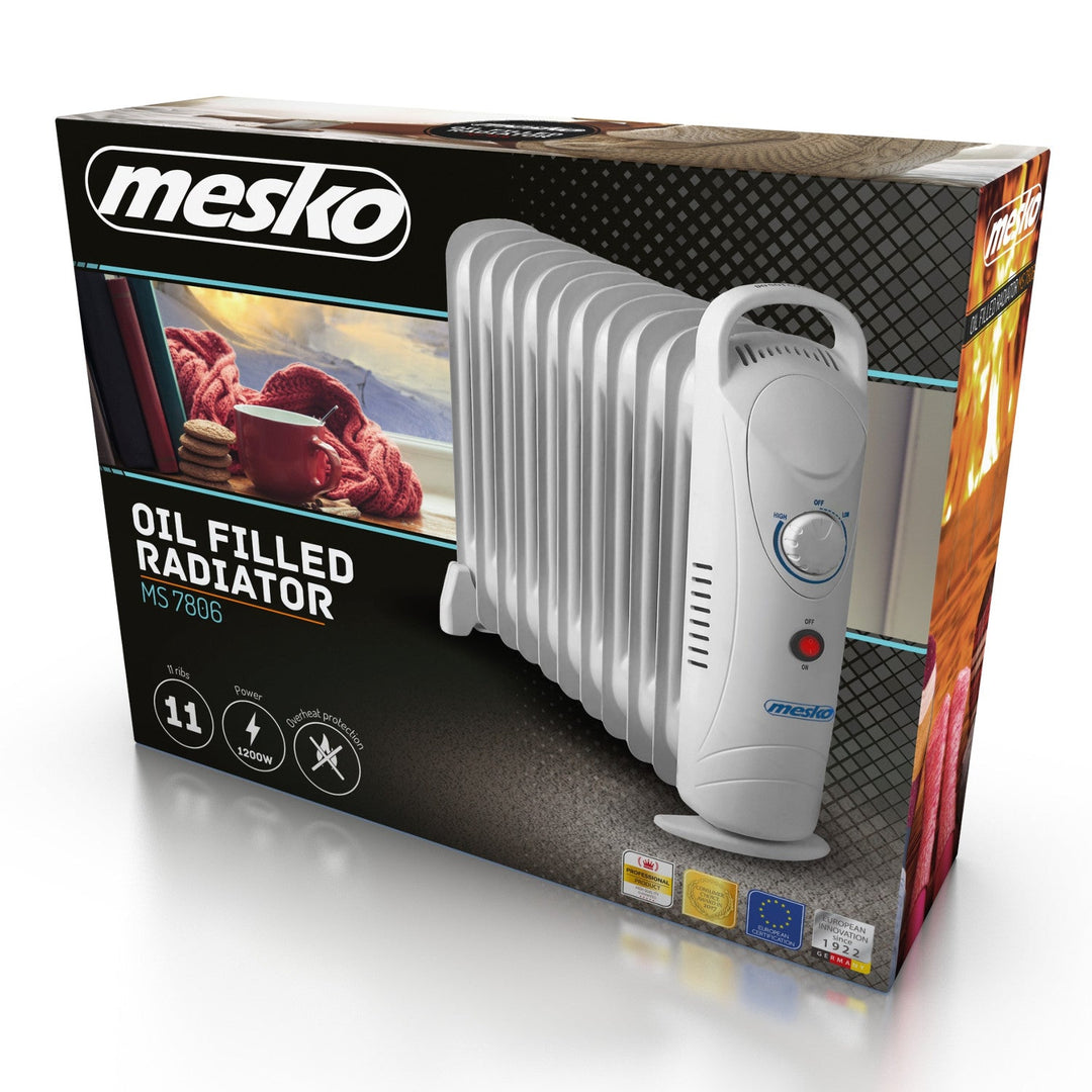 Маслено-напълнен радиатор Mesko, 11 ребра, 1200 W, регулиране на температурата, сив, MS 7806