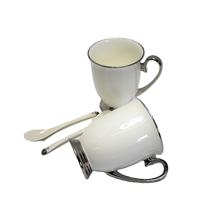 Бели чаши, 2 бр., хромирани дръжки, лъжици, порцелан, елегантни, Queen Isabel