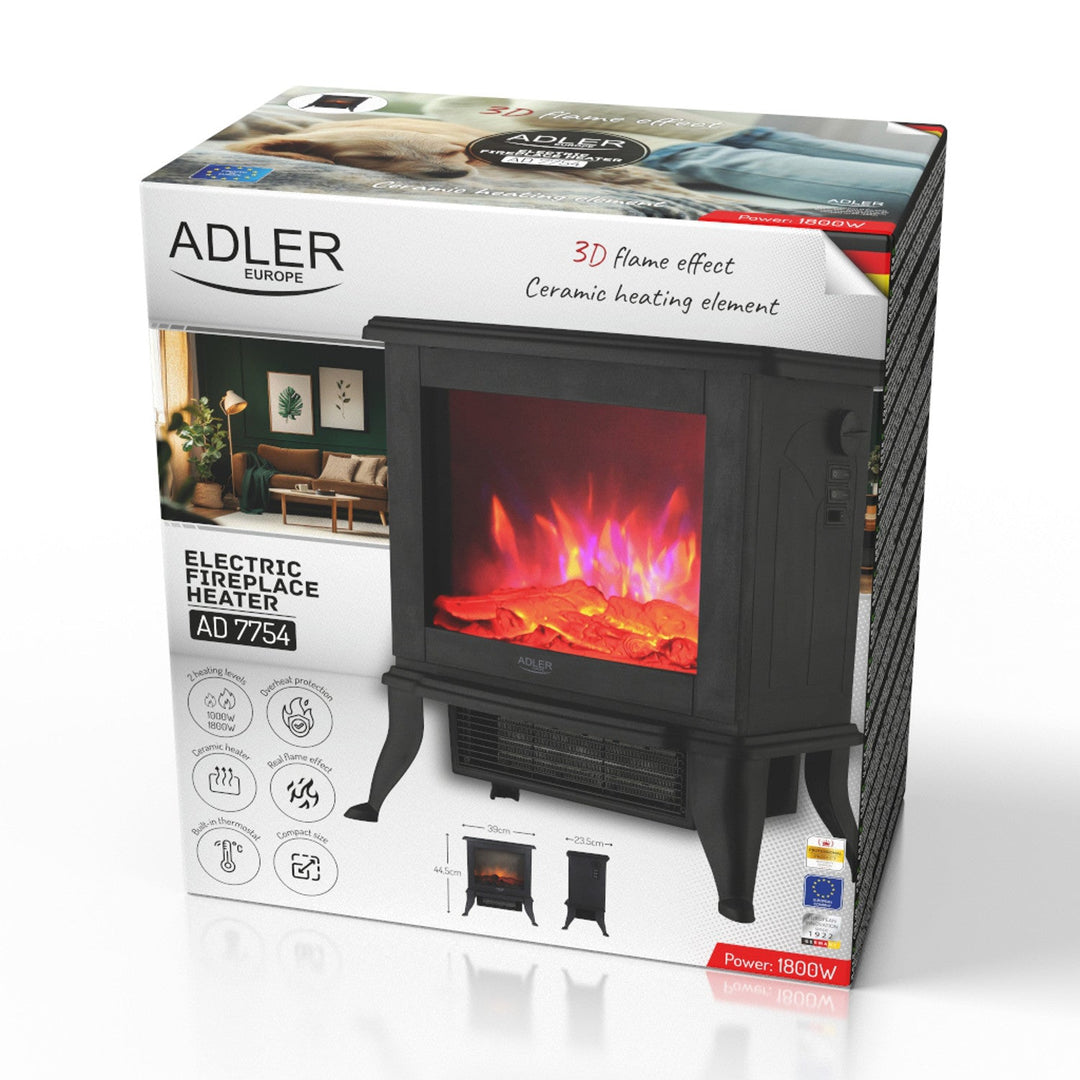Електрическа камина Adler, 2 нива на отопление, максимална мощност 1800 W, термостат, 3D ефект на пламък, AD 7754