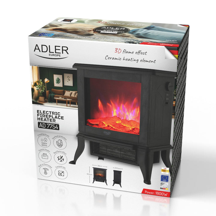 Електрическа камина Adler, 2 нива на отопление, максимална мощност 1800 W, термостат, 3D ефект на пламък, AD 7754