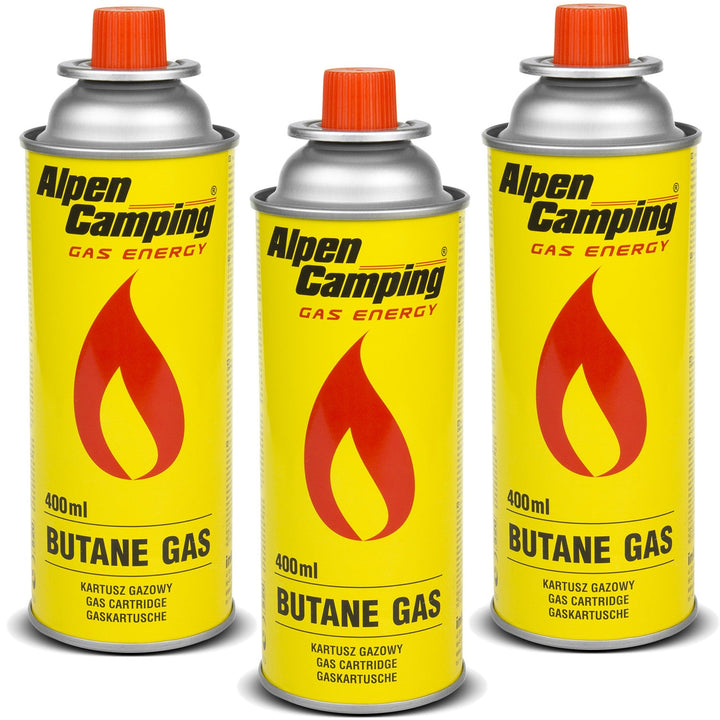 Газова бутилка Alpen Camping 400 ml. Сертификат: Pi 0875, съответстващ на EN417, изобутан, работен диапазон от -10°C до +40°C, IK004, 3 броя.