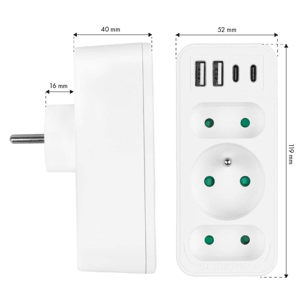 Маклин контакт x3 + 4xUSB, сплитер с 3 контакта, 2xUSB A, 2xUSB C PD 20W, 1x16A + 2x6A, MCE248 F/W, 2 броя