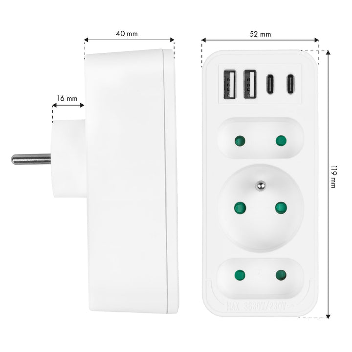Маклин контакт x3 + 4xUSB, сплитер с 3 контакта, 2xUSB A, 2xUSB C PD 20W, 1x16A + 2x6A, MCE248 F/W, 2 броя