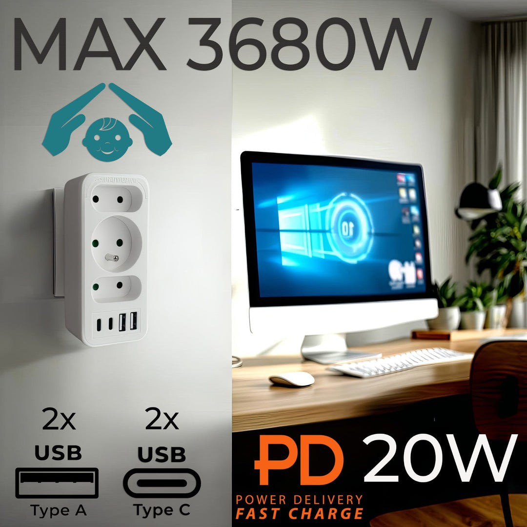 Маклин електрически контакт x3 + 4xUSB, разклонител с 3 контакта, 2xUSB A, 2xUSB C PD 20W, 1x16A + 2x6A, MCE248 F/W, 3 броя
