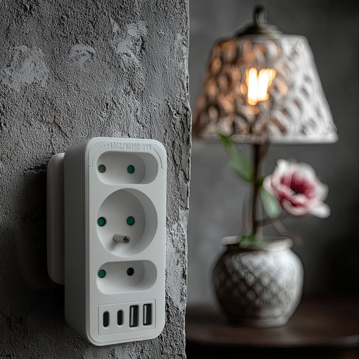 Маклин електрически контакт x3 + 4xUSB, разклонител с 3 контакта, 2xUSB A, 2xUSB C PD 20W, 1x16A + 2x6A, MCE248 F/W, 3 броя
