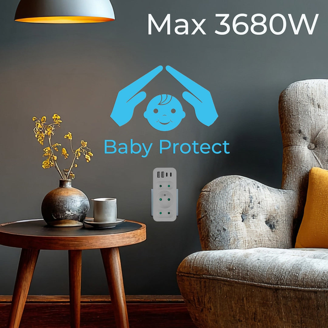 Маклин електрически контакт x3 + 4xUSB, разклонител с 3 контакта, 2xUSB A, 2xUSB C PD 20W, 1x16A + 2x6A, MCE248 F/W, 3 броя