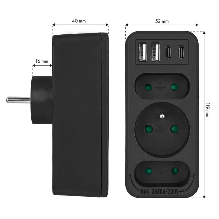 Маклин контакт x3 + 4xUSB, сплитер с 3 контакта, 2xUSB A, 2xUSB C PD 20W, 1x16A + 2x6A, MCE248 F/B, 3 броя
