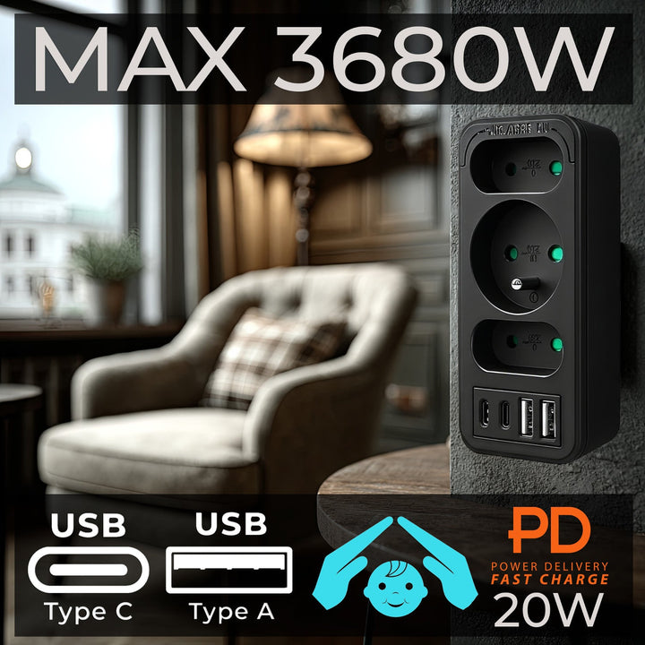Маклин контакт x3 + 4xUSB, сплитер с 3 контакта, 2xUSB A, 2xUSB C PD 20W, 1x16A + 2x6A, MCE248 F/B, 3 броя