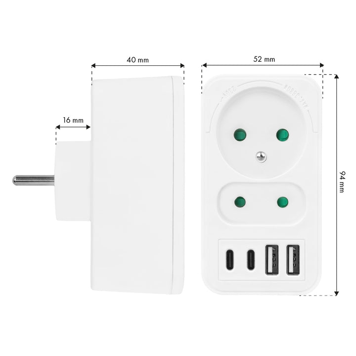 Маклин електрически контакт x2 + 4xUSB, разклонител с 2 контакта, 2xUSB A, 2xUSB C PD 20W, 1x16A + 1x6A, MCE249 F/W, 2 броя