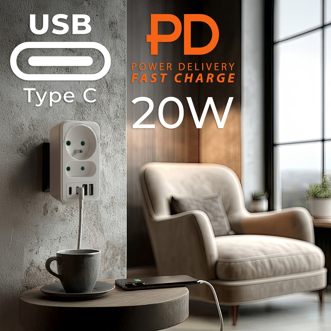 Маклин електрически контакт x2 + 4xUSB, разклонител с 2 контакта, 2xUSB A, 2xUSB C PD 20W, 1x16A + 1x6A, MCE249 F/W, 2 броя