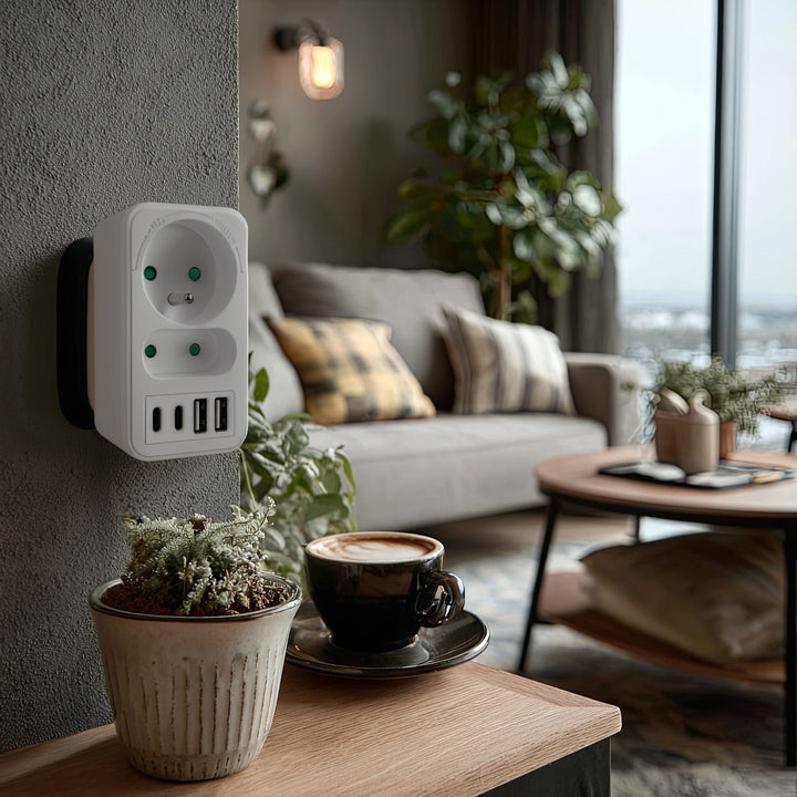 Маклин електрически контакт x2 + 4xUSB, разклонител с 2 контакта, 2xUSB A, 2xUSB C PD 20W, 1x16A + 1x6A, MCE249 F/W, 2 броя
