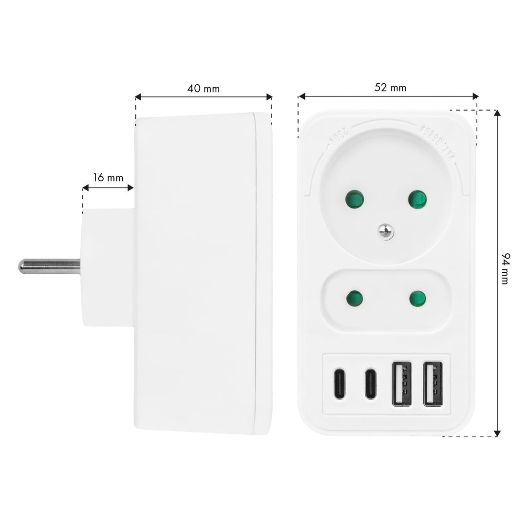 Маклин контакт x2 + 4xUSB, сплитер с 2 контакта, 2xUSB A, 2xUSB C PD 20W, 1x16A + 1x6A, MCE249 F/W, 3 броя