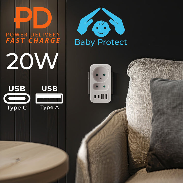Маклин контакт x2 + 4xUSB, сплитер с 2 контакта, 2xUSB A, 2xUSB C PD 20W, 1x16A + 1x6A, MCE249 F/W, 3 броя