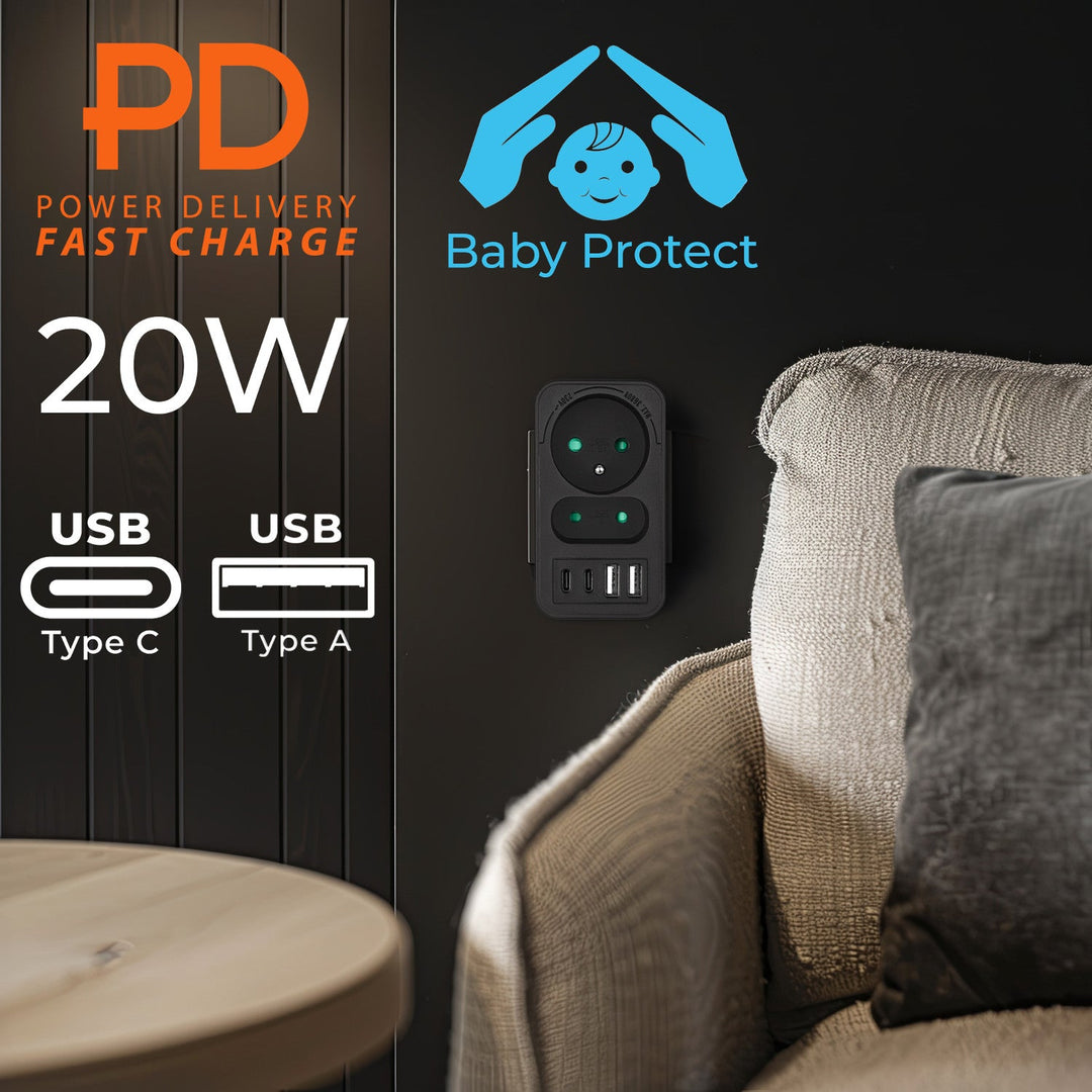 Маклин контакт x2 + 4xUSB, сплитер с 2 контакта, 2xUSB A, 2xUSB C PD 20W, 1x16A + 1x6A, MCE249 F/B, 2 броя