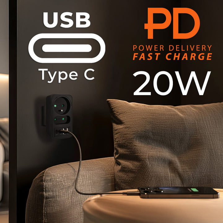 Маклин контакт x2 + 4xUSB, сплитер с 2 контакта, 2xUSB A, 2xUSB C PD 20W, 1x16A + 1x6A, MCE249 F/B, 3 броя