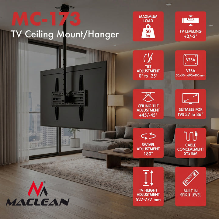 Таванна стойка/закачалка за телевизор Maclean, макс. натоварване 50 кг, 37-86", макс. VESA 600x400, MC-173
