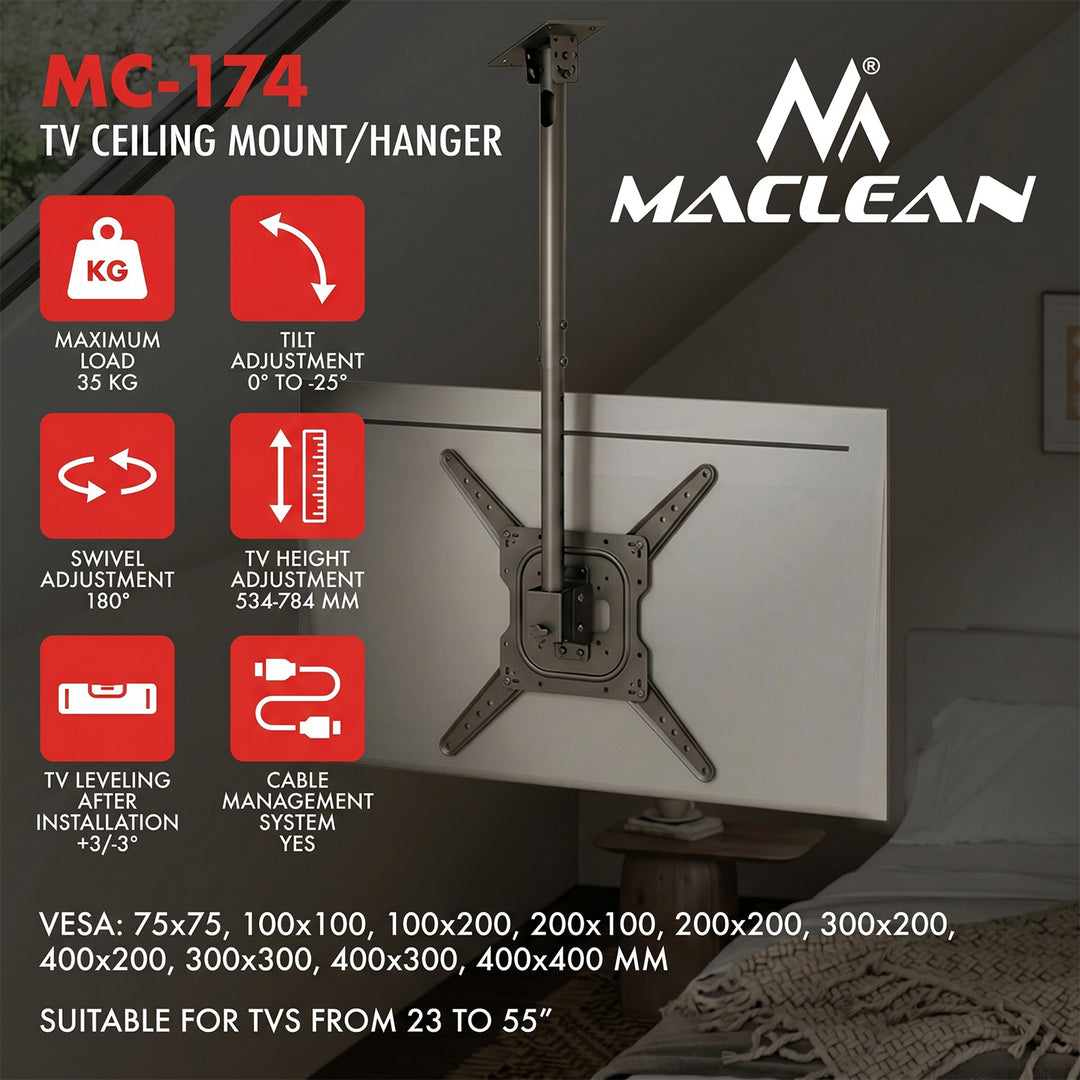 Таванна стойка/закачалка за телевизор Maclean, макс. натоварване 35 кг, 23–55", макс. VESA 400x400, MC-174
